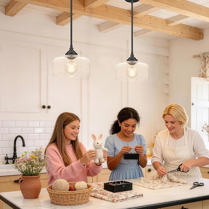Black Vintage Pendant Lights Kitchen Island, Adjustable Height Kitchen Pendant Lighting Over Sink, Bathroom Hanging Lights With Bubble Glass, Dual Mount Ceiling & Hanging Fixtures With 90° Swivel