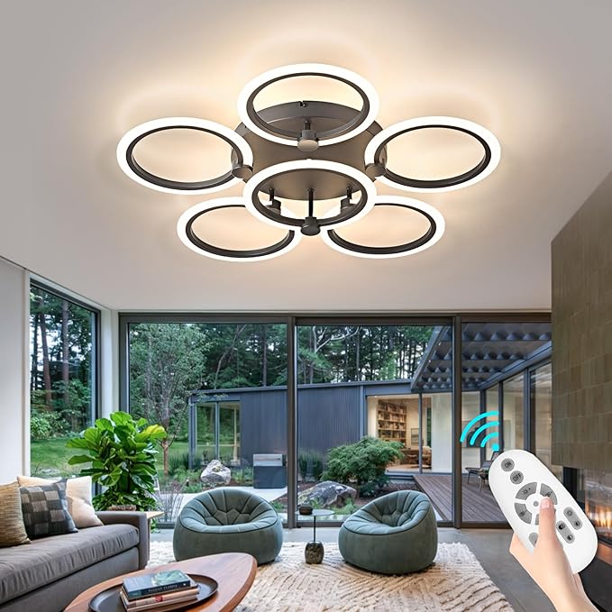 LED Ceiling Light, 6-Ring Modern Flush Mount Fixture, 77W Dimmable 3000K–6500K, Black Ceiling Light with Remote for Living Room Bedroom Kitchen (28.9")