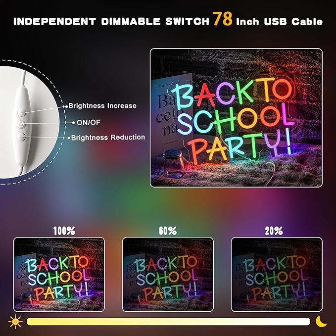 Back To School Party Neon Signs for Wall Decor Party Neon Light Inspirational LED Lights Color Letter Light Up Sign for Bedroom School Classroom Home Kid Room