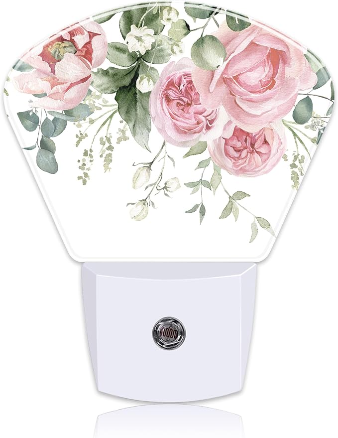 Watercolor Pink Flowers Night Light Plug into Wall, Pink Roses Night Light with Dusk to Dawn Sensor for Kid Girls Boys Women Men Room, Hallway, Kitchen, Bathroom, Stairs Decor