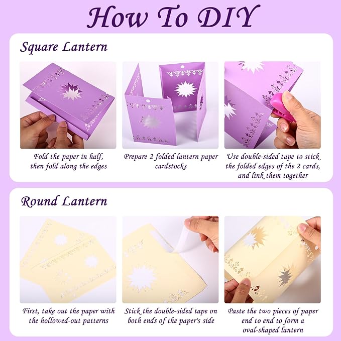 20 Pcs DIY Princess Hanging Lanterns with String Light and Ribbon | Thick Paper Sun Cutout Pattern, Girls Birthday Party Decor, Provide Tools, 10 Yellow+10 Purple, Batteries Not Included