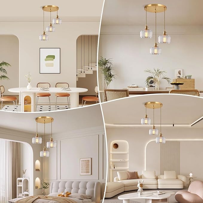 Cluster 3-Light Kitchen Island Chandelier Glass Globe Ceiling Pendant Light Clear Striped Shade Mid Century Modern Chandelier Brushed Gold Hanging Lights Fixture Multi Chandeliers