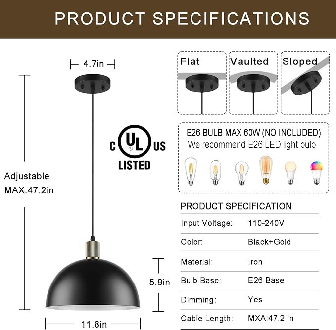 Black Pendant Lights Kitchen Island 3 Pack, 11.8" Modern Black and Gold Pendant Light Fixtures Dome Farmhouse Hanging Lights for Sink Dining Room Hallway Entryway