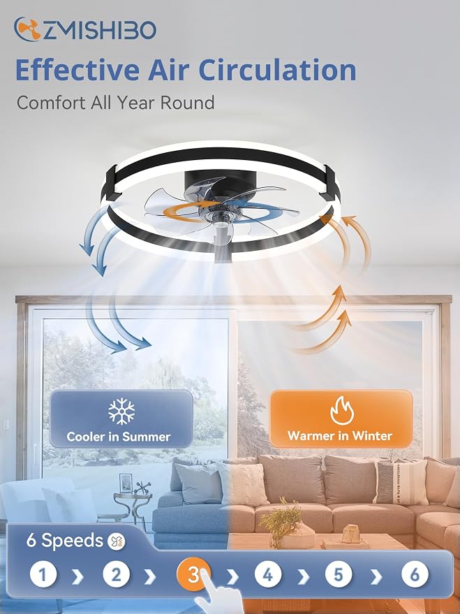 ZMISHIBO 20" Low Profile Fandelier LED Ceiling Fans with Lights and Remote | 3CCT Dimmable, 6 Speeds, Remote/App Control, Reversible DC Motor, Memory, Timer, Small Modern Fandelier for Kids/Bedroom