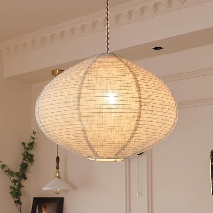 METHEDEECO Oval Hanging Lamp Shade, 16 Inch, White with Beige | Faux Linen, Pendant Lamp Shade, Foldable Fabric Replacement Shade, Minimalist, For Bedroom Living Room Kitchen