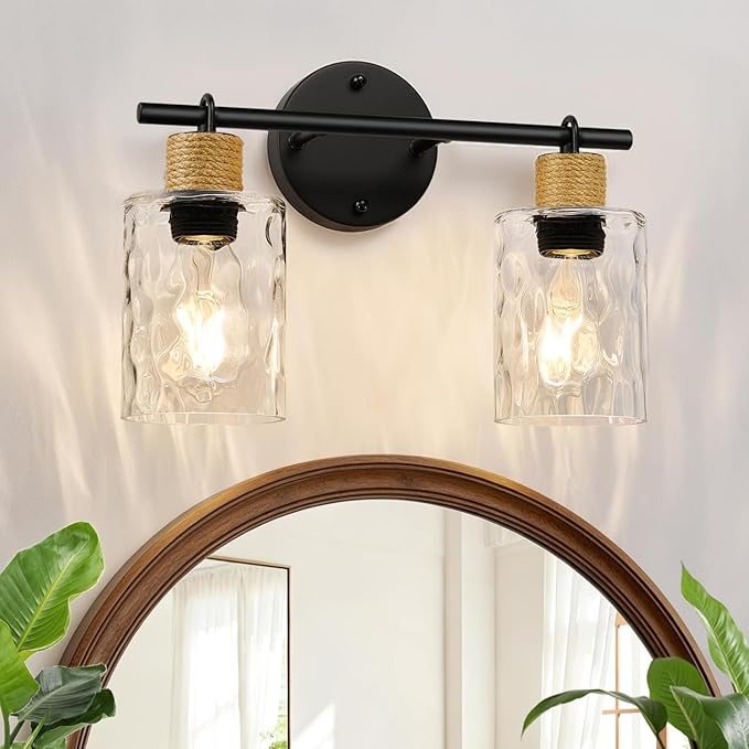 Bathroom Light Fixtures, 2-Light Coastal Vanity Lights with Crystal Glass Shade, Black Bathroom Wall Lamp for Mirror Kitchen Hallway Cabinet
