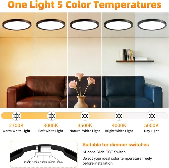 12Inch 4Pack LED Flush Mount Ceiling Light,5CCT,ETL Listed,Dimmable Black | Hardwired 5CCT Selectable 2700K-5000K,24W 3200LM Dimmable Round Flat Panel Light Fixture for Bedroom,Kitchen,Bathroom&Indoor