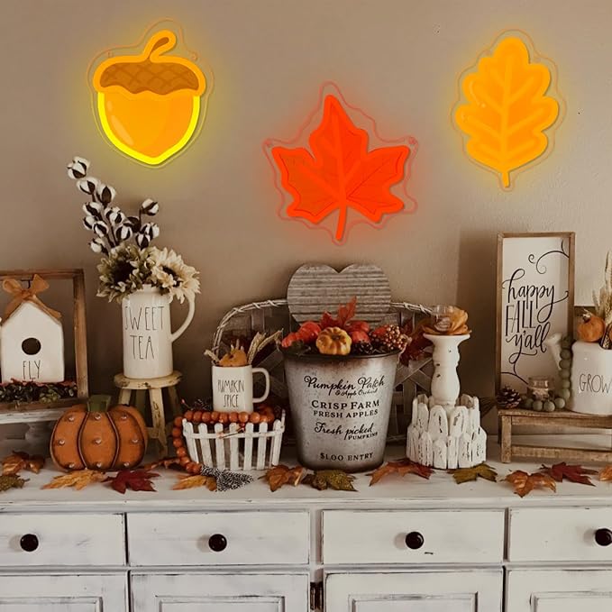 3Pcs Fall Thanksgiving Neon Signs UV-Printed Maple Leaf Acorn Led Neon Sign | USB UV-Printed Autumn Neon Light Up Sign for Mantel Porch Kitchen Wall Decor Harvest Party Thanksgiving Present
