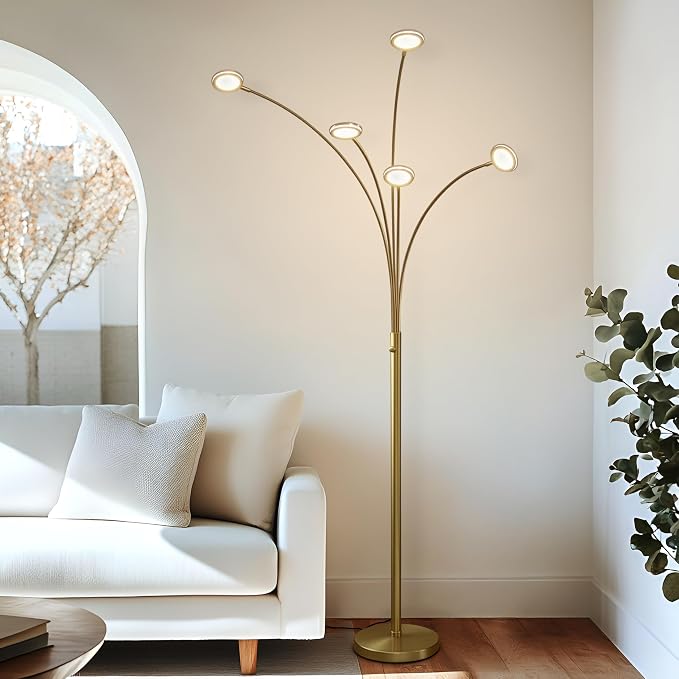 Brightech Orion Arc Floor Lamp for Living Room, Tree Floor Lamp with 5 Adjustable Arms, Multi-Head Standing Lamp with Flexible Rotating LED Lights for Bedroom, Dorm - Bright Hanging Lighting - Brass