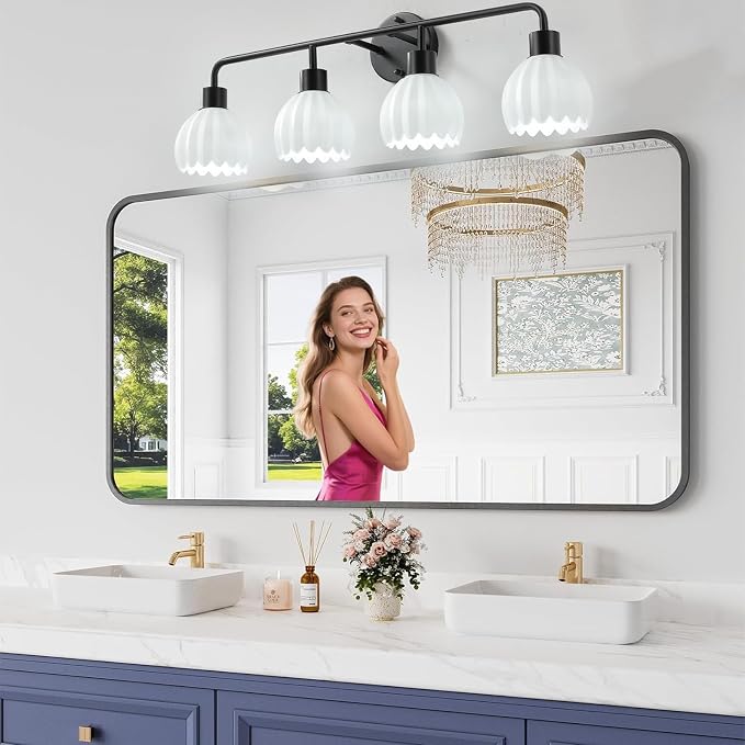 Black 4-Light Vanlity Light Over Mirror,Wall Sconces,Modern Bathroom Light Fixture with Milk White Glass Flower Shade,E26 Socket(Bulbs Not Included)