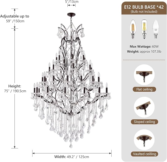 42 Lights Large Crystal Chandeliers for High Ceilings Maria Theresa Chandelier Light Fixture Vintage Chandelier for Foyer Hallway Entryway Staircase Brown 75" H x 49.2" D