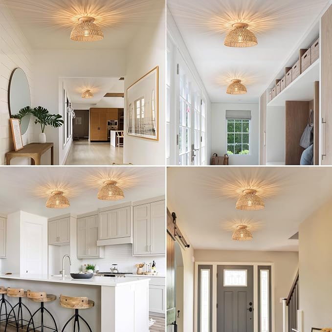 13 Inch Rattan Flush Mount Ceiling Lights Farmhouse Boho Ceiling Light Fixtures Rustic Wicker Hand Woven Rope Cage for Dining Room Kitchen Bedroom Foyer Hallway Entryway 2 Packs