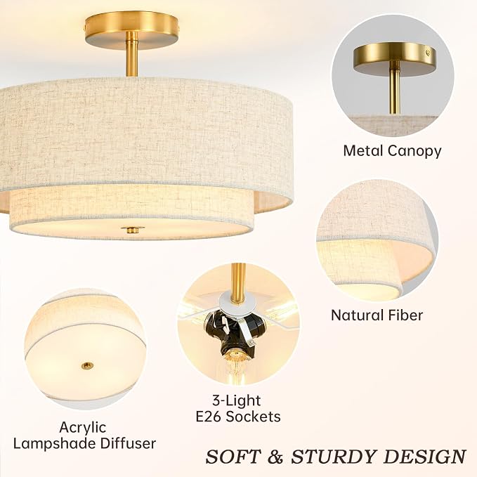 16" Semi Flush Mount Ceiling Light, 3-Light Gold Drum Ceiling Light Fixture | 2-Tier Fabric Linen Shade Design, Farmhouse Chandelier for Dining Room, Living Room, Bedroom, Kitchen, Hallway, Entryway