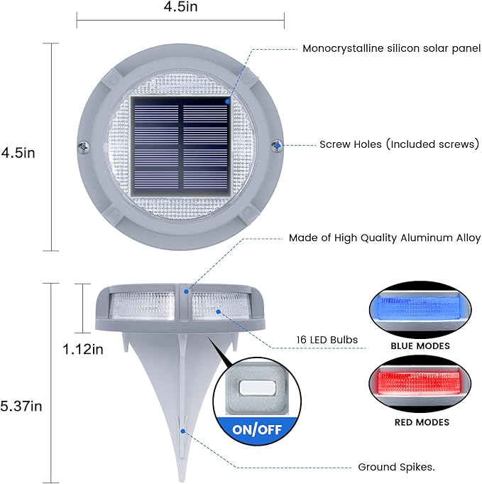 SIEDiNLAR Solar Deck Lights Outdoor 2 Modes 16 LEDs Driveway Markers Dock Light Solar Powered Waterproof for Ground Step Pathway Stair Walkway Garden Yard Road 1 Pack (Blue/Red)