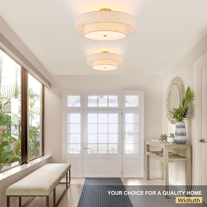 25.6" Large Gold Semi Flush Mount Ceiling Light，5-Light Linen Shade | Modern Fabric Drum Ceiling Light Fixture，E26 Base for Living Room ,Bedroom ,Kitchen ,Dining Room ,Hallway,closet,laundry room