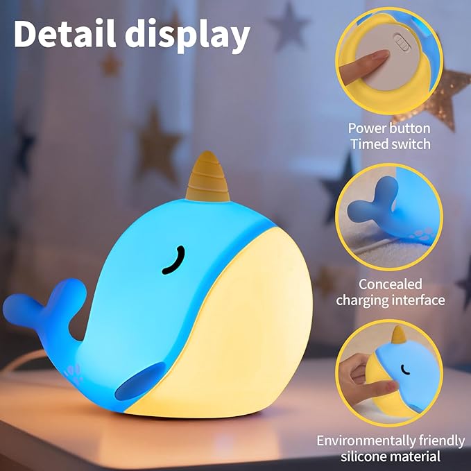 Cute Narwhal Night Light, Tap Control with 3 Warm White Brightness, USB Kids Bed Lamp with 30-Minute Timer, Soft Silicone Glow for Nursery, Birthday Gift(Blue Narwhal)