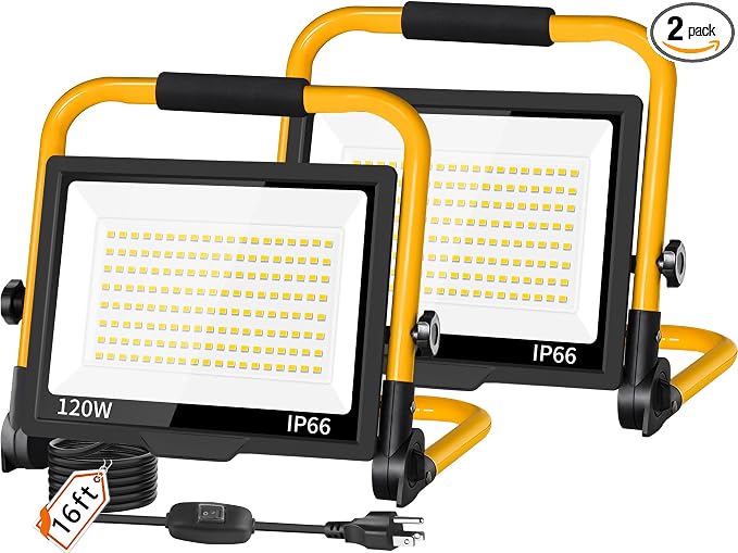 14400LM Work Light with 16FT Cord+Switch, IP66 for Garage Workshop, 2Pack | 120W LED Flood Light Plug in Outdoor, Portable Worklight with Stand, 5000K Daylight for Construction Job Site Car Repairing
