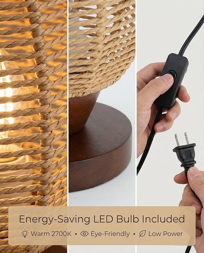Rattan Table Lamp,Boho Small Beside Lamp,Farmhouse Table Lamp for Room Decor,Vintage Wicker Wooden Nightstand Bamboo Woven End Table Lamps for Bedroom Living Room Desk Kids Room,LED Bulb Included