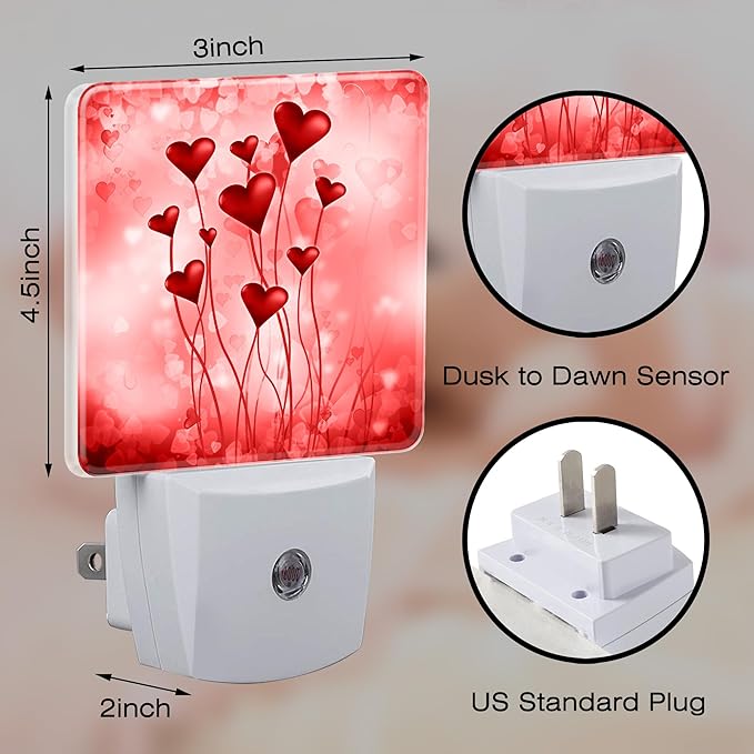 Red Hearts Night Light Plug into Wall,Romantic Sweet Heart Dusk to Dawn Night Light Plug in,0.5w Energy Saving Sleep Friendly NightLight for Kids, Ideal Gifts for Birthday Mother's Day