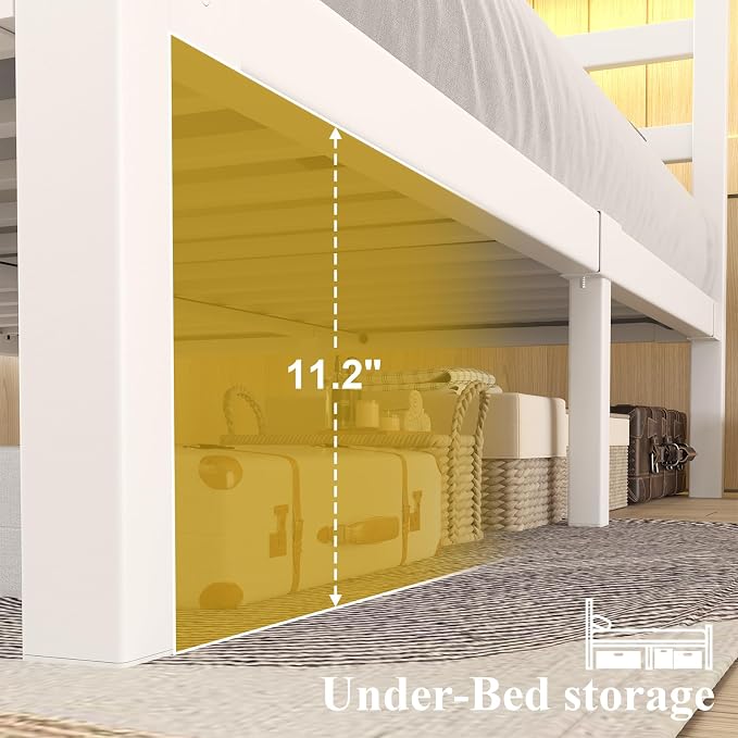 LOEWAY Full Size Metal Bed Frame with Storage Headboard & LED Lights, White | Built-In Charging Station, Under-Bed Storage, Heavy Duty Metal Slats, No Box Spring Needed, Solid and Stable, Easy Assembly