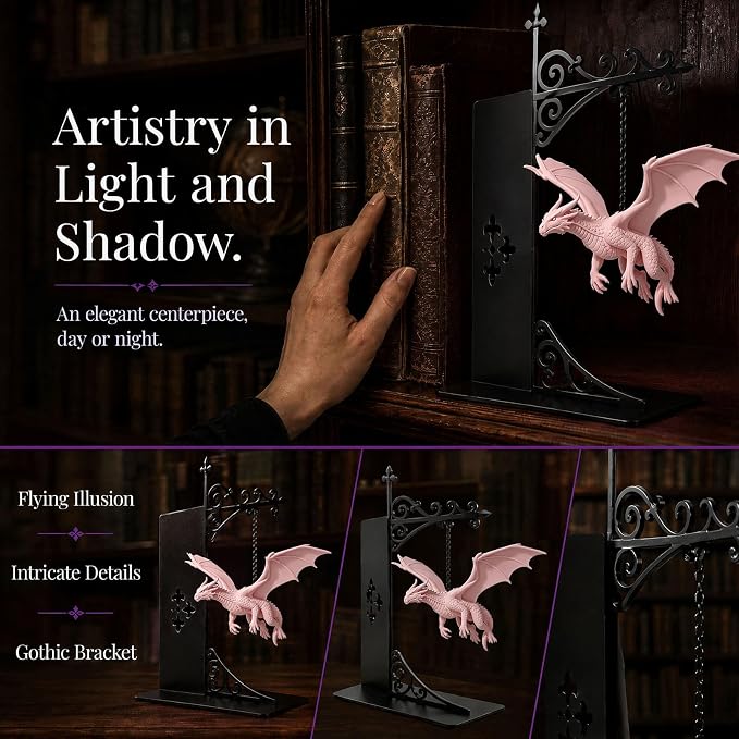 Magical Floating Dragon Bookshelf Lamp, Warm LED Dragon Night Light, Fantasy Reading Nook Decor, Unique Gift for Fantasy Lovers and Book Readers (Pink)