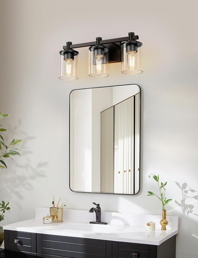 Bathroom Light Fixture, Bathroom Vanity Light Over Mirror, 3-Lights | Vanity Lights for Bathroom, Modern Lighting Fixtures with Clear Glass Shade, Black Vanity Lights, ETL Listed, 17inch