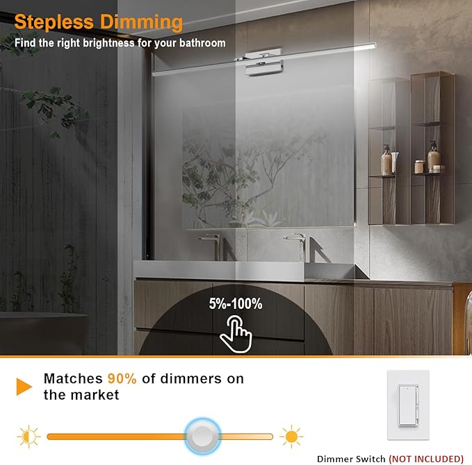 LED Bathroom Vanity Light, Modern Bathroom Light Fixture Over Mirror (3000K/4000K/6000K, Dimmable), Vanity Light Bar with Angle Adjustable, 48 Inch, Chrome