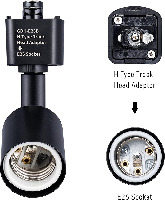 mirrea H Type Track Lighting Head to E26 Medium Screw Base Adapter Light Direction Adjustable Pack of 6 (Black)