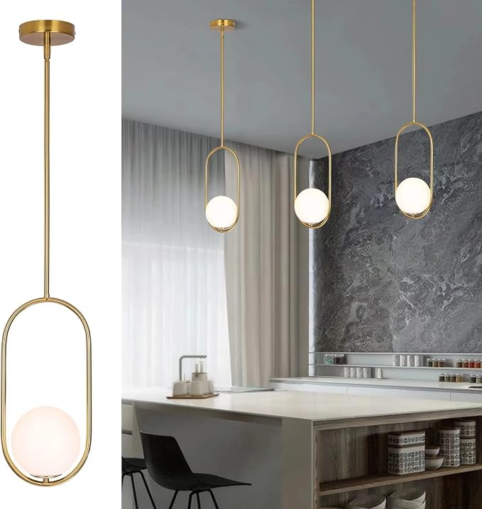 SeeU Modern Pendant Lighting Gold Globe Pendant Light Fixture,Mid Century Chandelier One Light Hanging Fixture for Kitchen Island,Adjustable Length Indoor Lighting for Dinning Room Bedroom