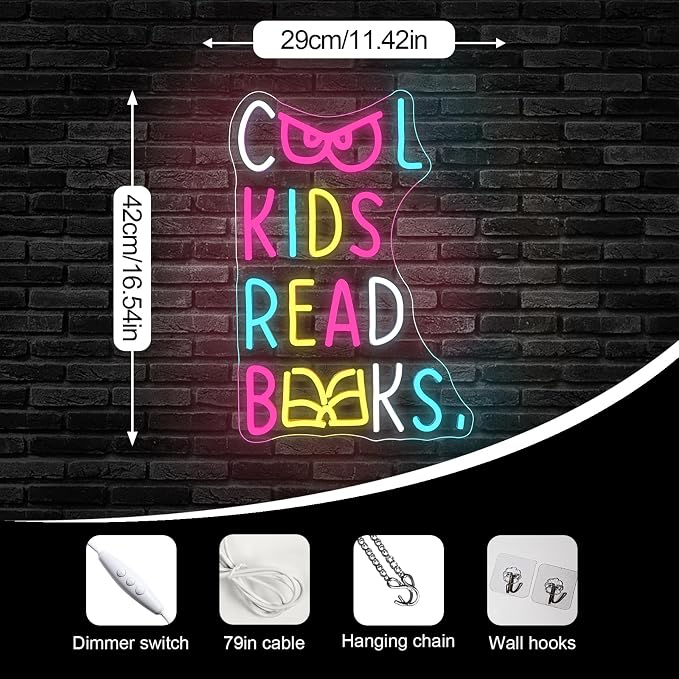 Cool Kids Read Books Neon Sign LED Light Reading Room Wall Decor | Dimmable Inspirational Light Up Sign for Kids Rooms, Classrooms, Libraries & Study Areas, LED Wall Decor Gift for Readers