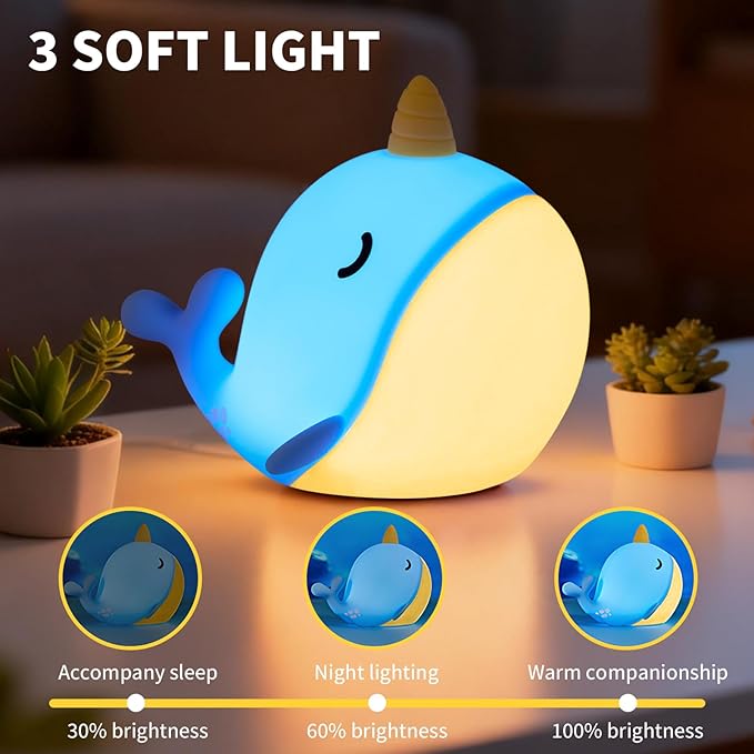 Cute Narwhal Night Light, Tap Control with 3 Warm White Brightness, USB Kids Bed Lamp with 30-Minute Timer, Soft Silicone Glow for Nursery, Birthday Gift(Blue Narwhal)