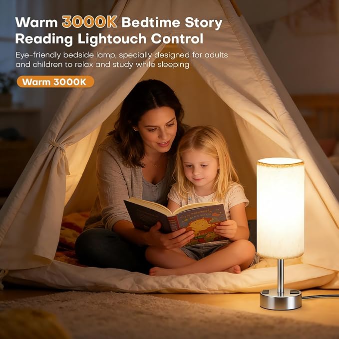 MOICO Bedside Table Lamp for Bedroom, 3-Way Dimmable Nightstand Lamp with USB C, USB A Ports & AC Outlet, Small Table Lamp Fabric Shade for Living Room Dorm Office, LED Bulb Included (14in Silver)