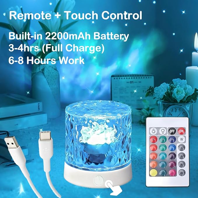 Rechargeable Shower Lights for Inside Shower-Ocean Wave Projector Light for Bathroom Bath Tub-Cordless LED Bathroom Lights 3D Water Ripple Light Ocean Lamp for Bathtub Relaxing Spa,Northern Lamps