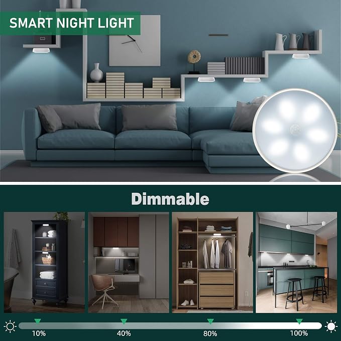 LED Closet Lights Wireless Motion Sensor Puck Light, Newest Version USB Rechargeable Dimmer Step Light with Remote, Night Safe Lighting for Under Cabinet, Counter, Kitchen, Hallway, Stairs (6 Pack)