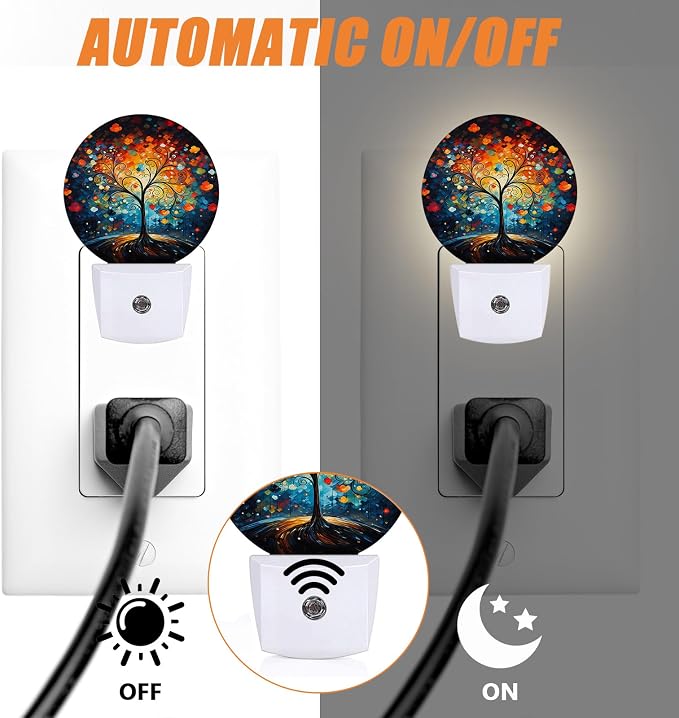 Abstract Colorful Trees Night Light,Paintings Nightlight Plug into Wall LED Lamp Auto Sensor Dusk to Dawn for Bedrooms/Kitchens/Toilets/Corridors,Energy-Saving