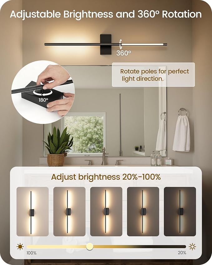 34.6" Wireless Battery Operated Wall Sconces Set of Two,Rechargeable Lamp with Remote, 360° Rotation, 10000mAh Battery, Touch Dimmable Lights for Living Room Hallway Bedroom, Black B05YBP205