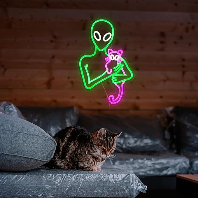 Aliens Cat Neon Sign Funny Green Aliens Pink Cat Led Light Up Sign For Wall Decor Dimmable USB Powered Neon Light For Art Wall Decorations Game Room Party Kids Birthday Gifts
