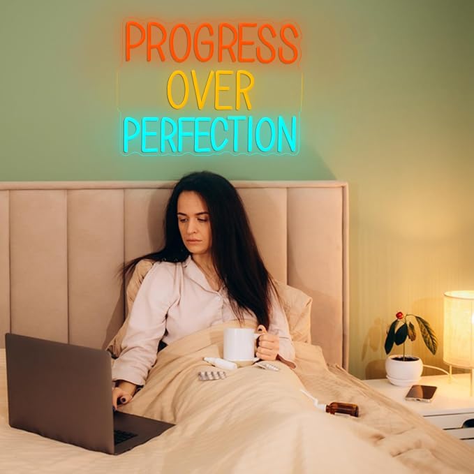 LISIGNVE Progress Over Perfection Neon Sign for Wall Decor Dimmable USB Power Classroom LED Neon Light Positive Affirmation Light Up Sign for Home Office Gym Bedroom(12.2 * 16.5 In)