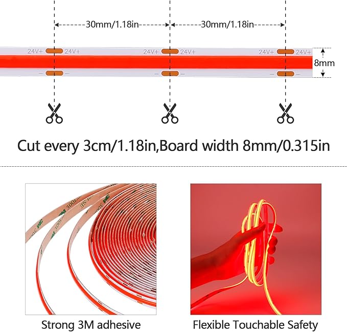 32.8ft/10M 24V Red COB LED Strip Light 3840LEDs Uniform Glow Dotless IP20 Not Waterproof Flexible LED Tape Lights for DIY Cabinet Bedroom Kitchen Home Decor(No Power Supply)