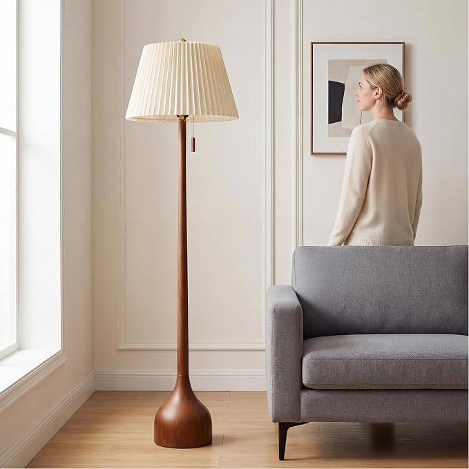 MOFFE Mid Century Modern Real Wood Floor Lamp with 2 Shades for Two Looks | 65" Tall,Sculptural Teardrop Base,Wooden Pull Chain,Vintage Standing Lamp,Linen Shades,Living Room,Bedroom, Bulb Included