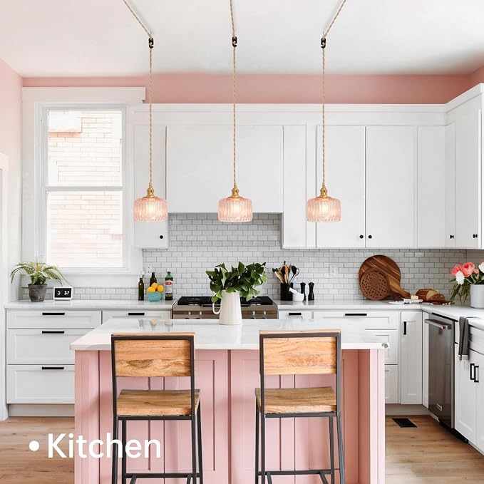 Shenmoyl Plug in Pendant Light Hanging Light Fixtures with Plugin Cord On/Off Switch,Pink Striped Glass Lampshade Brass Pendant Light