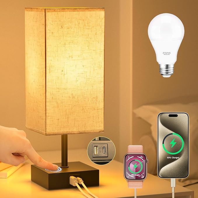 Bedside Table Lamps for Bedroom Touch Nightstand Lamp with USB C+A | Beige Lampshade 14-inch, 3 Way Dimmable, Small Bedside Lamps for Living Room, Dorm, Office, Home Decor, LED Bulbs Included