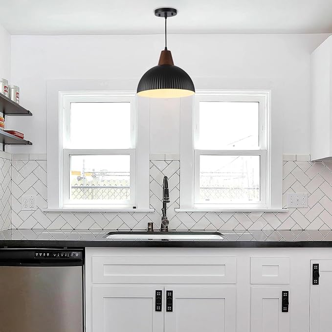Black Pendant Lights Kitchen Island 2 Pack, 11.8" Farmhouse Pendant Lighting Metal Solid Wood Dome Hanging Light for Dining Room Bedroom Bar Sink