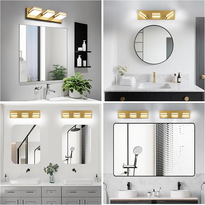 IZORRO LED Modern Bathroom Lights Fixtures(3-Light,Dimmable,360°Rotate),Brushed Glod Acrylic Wall Lighting,Vanity Lights for Bathroom Over Mirror - 6000k 16In （No Assembly Required）