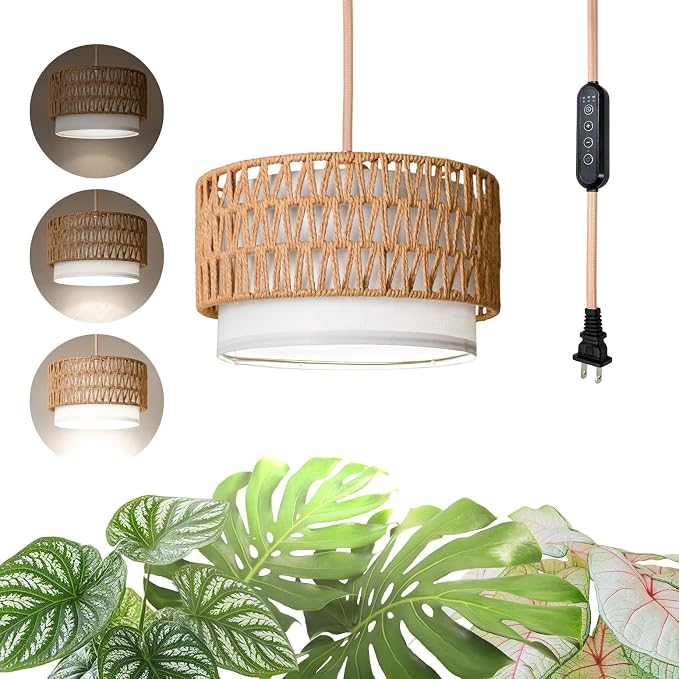 Hanging Grow Light for Indoor Plants, Dimmable Plant Light | 4H/9H/14H Timer,18W Full Spectrum with Boho Linen Shade,5000K, Adjustable Brightness for Indoor Plant,Tall Plant, Flowers