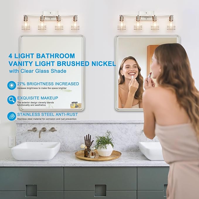 Track Lighting Fixtures Ceiling Kitchen Track Lighting Brushed Nickel 4-Light Bathroom Vanity Light Complete Track Lighting Kits Bathroom Light Fuxtures with Glass Shades E26 Base Adjustable Heads