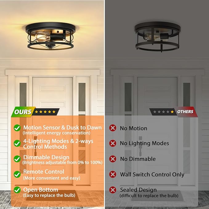 Dusk to Dawn Flush Mount Ceiling Light Fixtures, Motion Sensor for Porch | 2-Light Flush Mount Porch Light, 10in Black Ceiling Mount, Industrial Exterior Light Fixture for Farmhouse Entryway Foyer