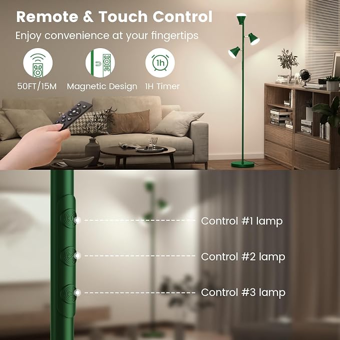 36W LED Tree Floor Lamp, Dimmable Tall Standing Lamp with Remote & Touch Control, 4 Color Temperatures Bright Floor Lamp, 3 Rotatable Light Modern Floor Lamps