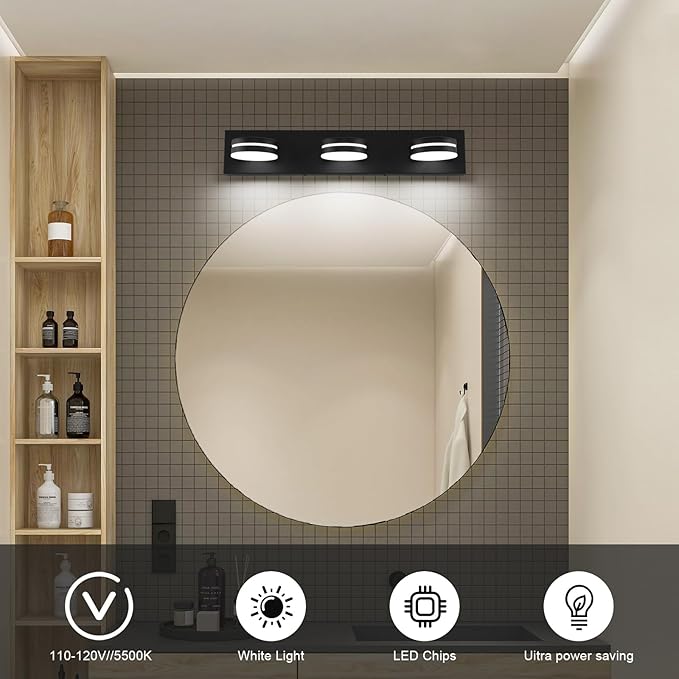 Matte Black Bathroom Vanity Light Dimmable 3-Light Modern LED Vanity Light Fixture for Bathroom 18W 24" Inch Wall Light Day Light 5500K 110V AC