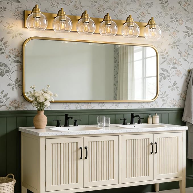 IZORRO Bathroom Light Fixtures, 6-Light Brushed Gold Vanity Light, Modern Wall Sconces with Globe Clear Glass Shade, Vanity Lighting Fixtures Over Mirror,E26 Bulb Socket